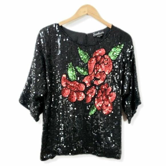 80s Sequin Beaded Blouse Top Black S M Floral Disco Mob Wife Sparkle Cocktail - Picture 1 of 11